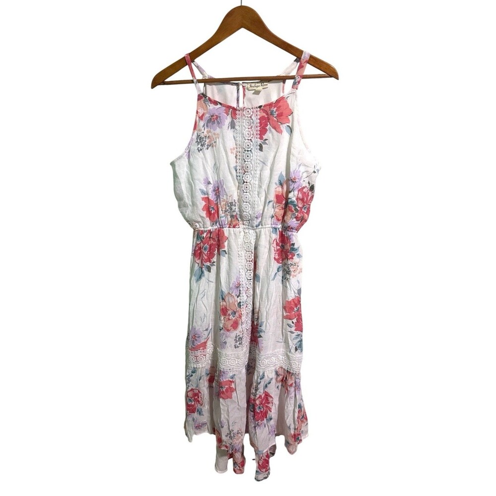 Indigo Rose M Sundress Floral Sleeveless Hi Low Lace White Pink Lined Linen Look